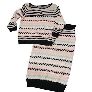 New York & Co. Knit Sweater  Skirt set Size M Zig Zag Pattern Pink Black MIDI